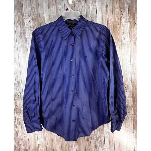 Lauren Ralph Lauren Womens Shirt Sz 10P Navy Blue Black Pinstripe‎ Button Down - Picture 1 of 8